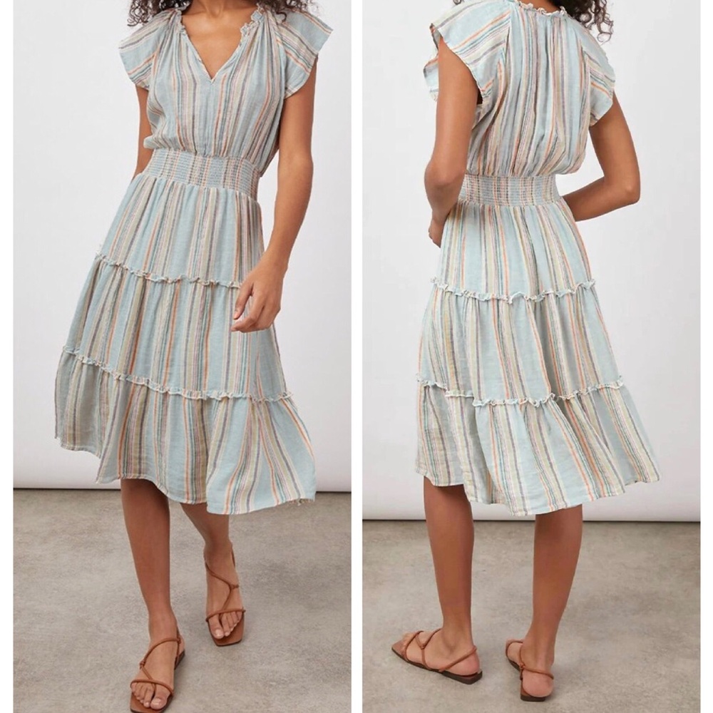 Rails Amellia Linen Blend Sag Harbour Stripe Tiered Light Blue Midi Dress XL